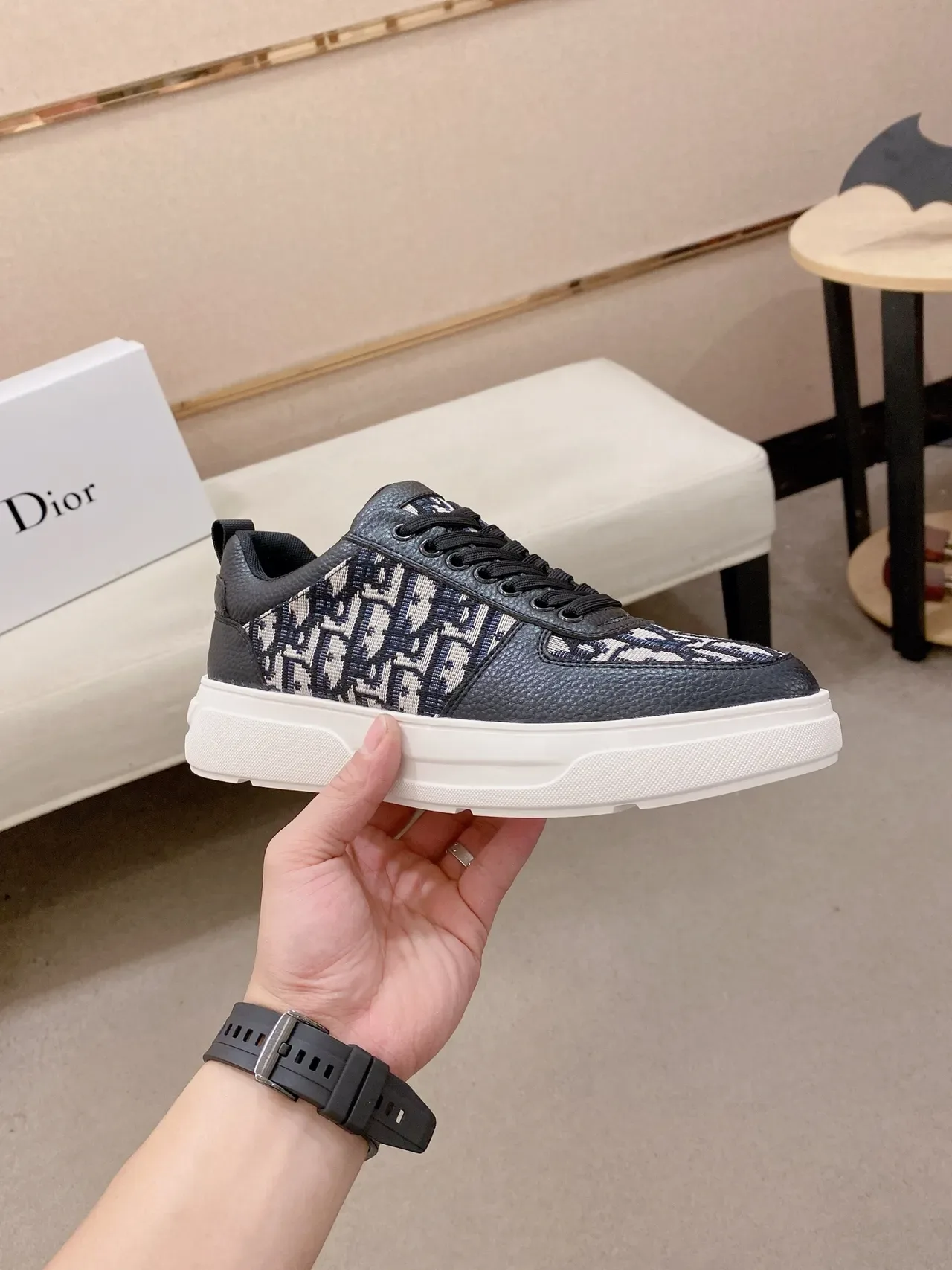 Dior Sneakers Lifestyle Noir Beige Monogrammé Textile Cuir Pebbled Overlays 5
