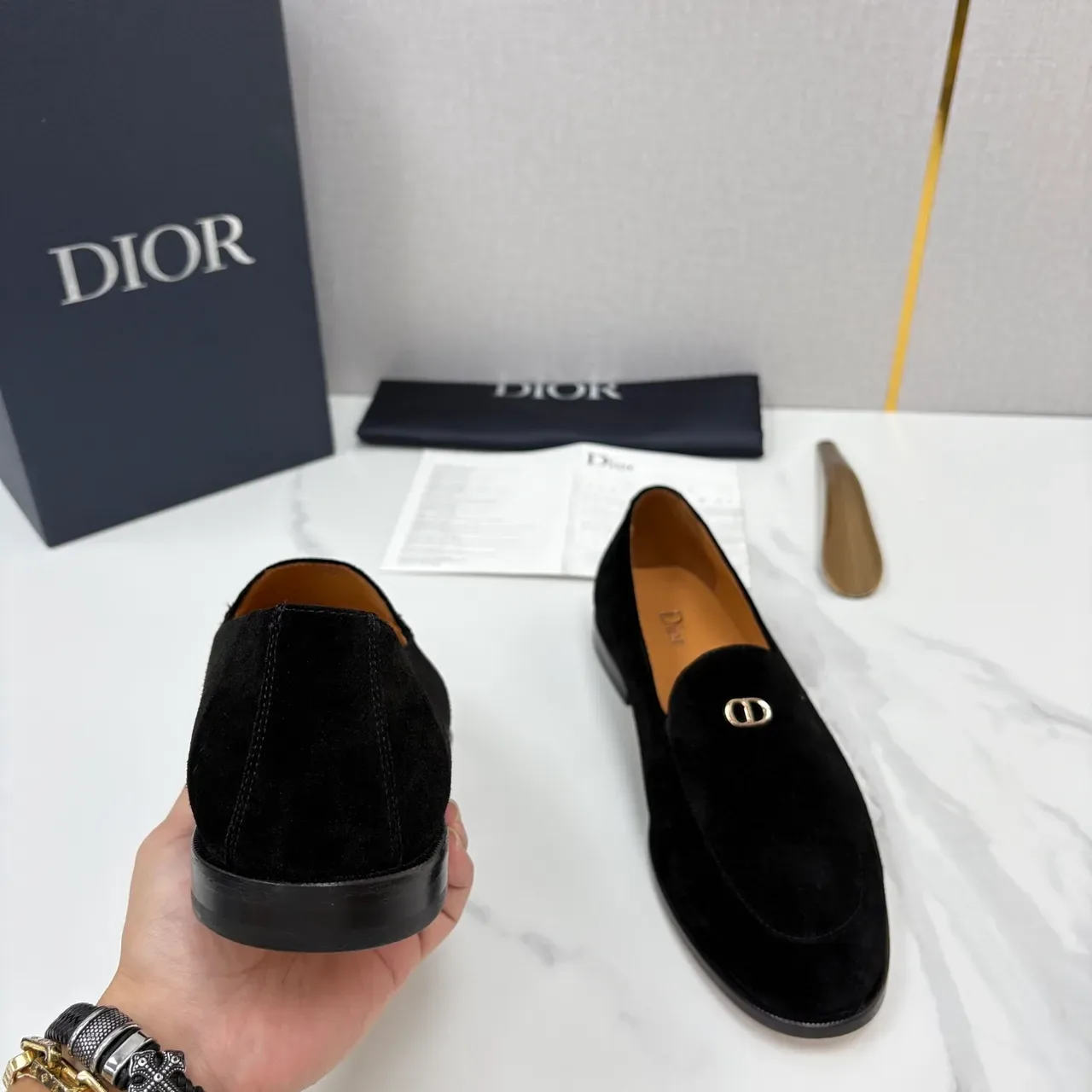 Dior Black Brown Velvet Metal D-Logo Loafer 4