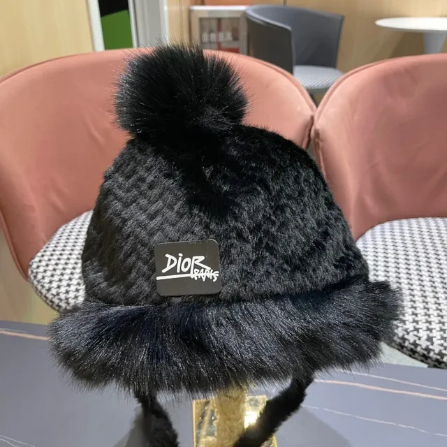 Dior Black Fur-Trimmed Pom-Pom Beanie 6