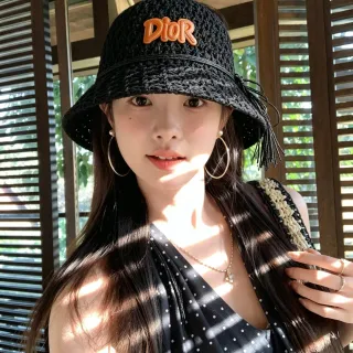 Dior Black Orange Woven Raffia-Like Texture Embroidered Logo Bucket Hat