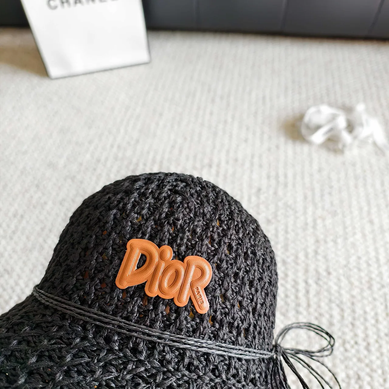 Dior Black Orange Woven Raffia-Like Texture Embroidered Logo Bucket Hat 2