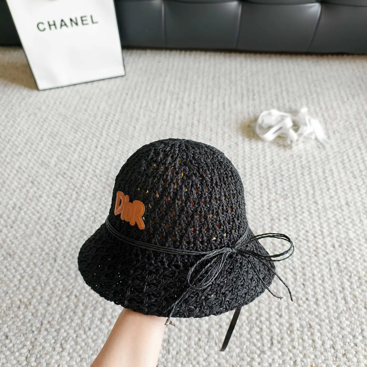 Dior Black Orange Woven Raffia-Like Texture Embroidered Logo Bucket Hat 3