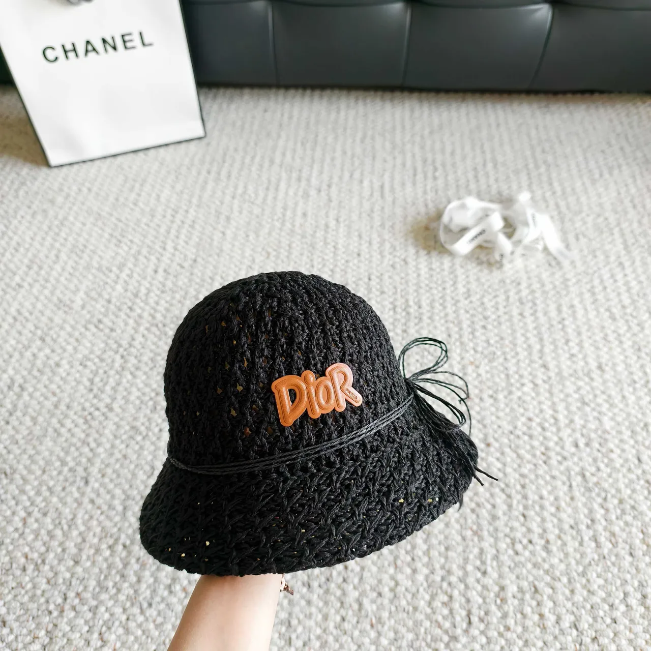 Dior Black Orange Woven Raffia-Like Texture Embroidered Logo Bucket Hat 4