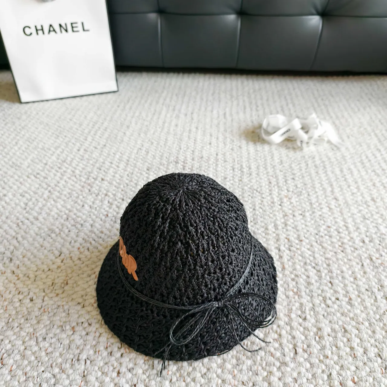 Dior Black Orange Woven Raffia-Like Texture Embroidered Logo Bucket Hat 5