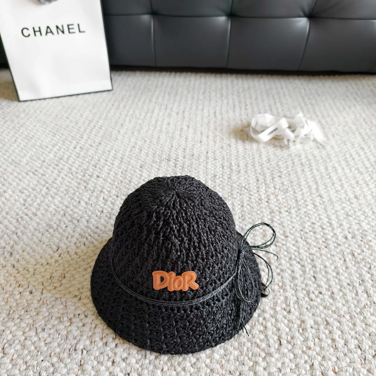 Dior Black Orange Woven Raffia-Like Texture Embroidered Logo Bucket Hat 6