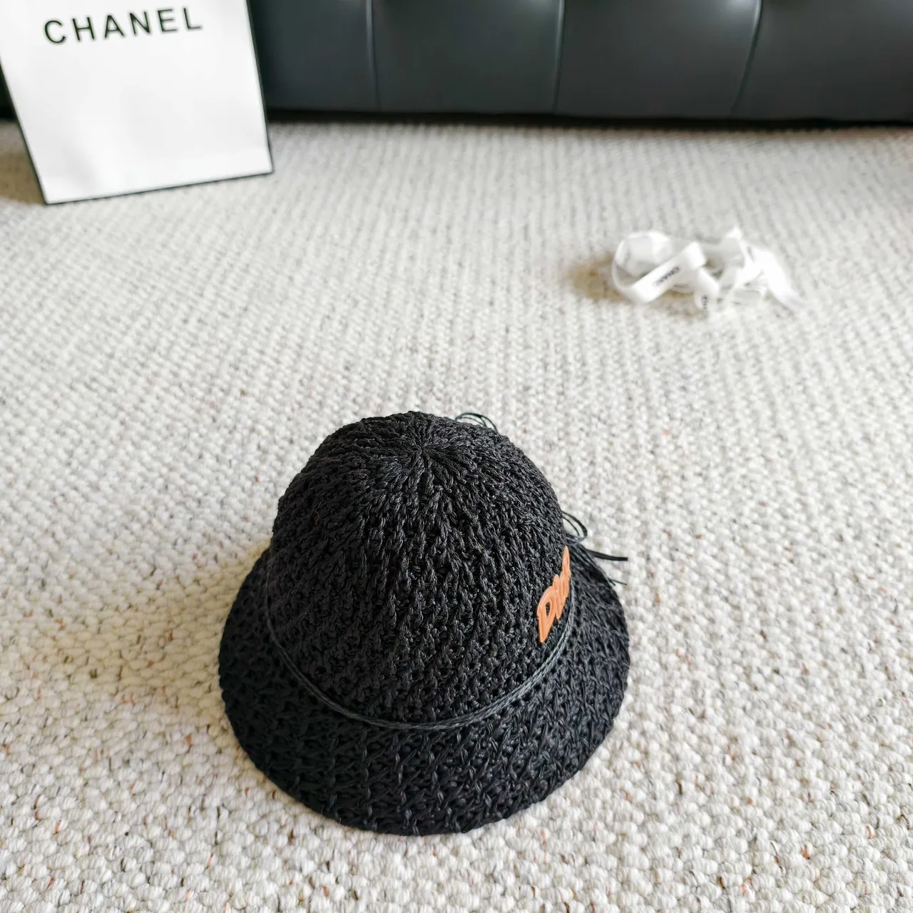 Dior Black Orange Woven Raffia-Like Texture Embroidered Logo Bucket Hat 7