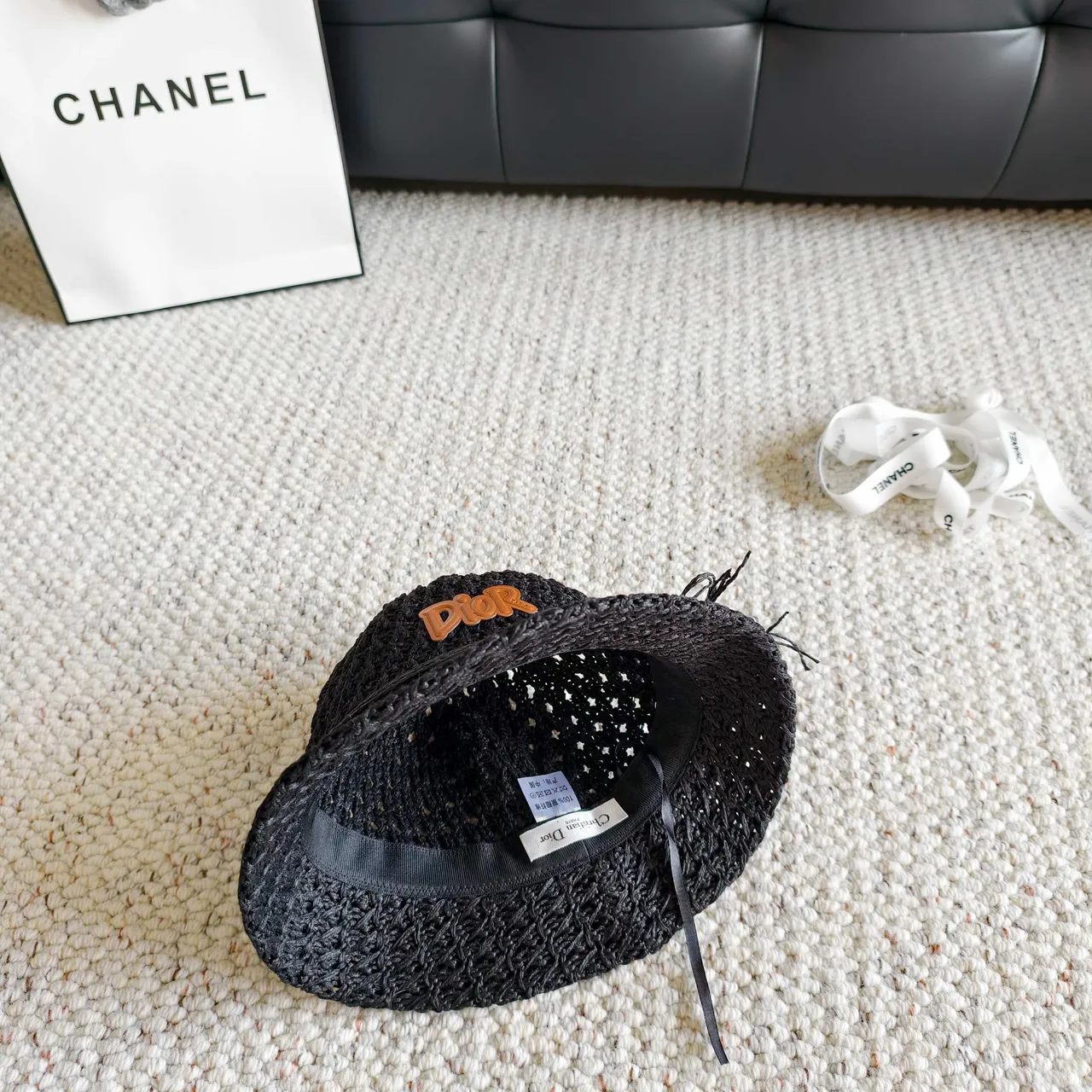 Dior Black Orange Woven Raffia-Like Texture Embroidered Logo Bucket Hat 11
