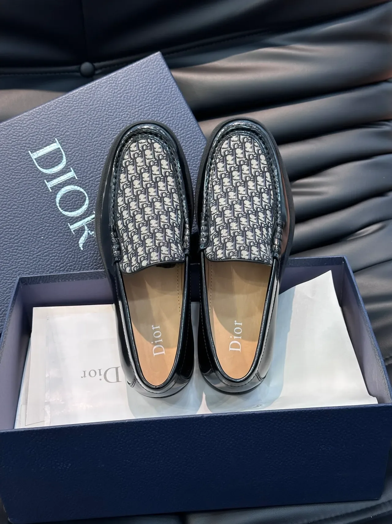 Dior Black White Patent Leather Trim Oblique Jacquard Vamp Loafer 5
