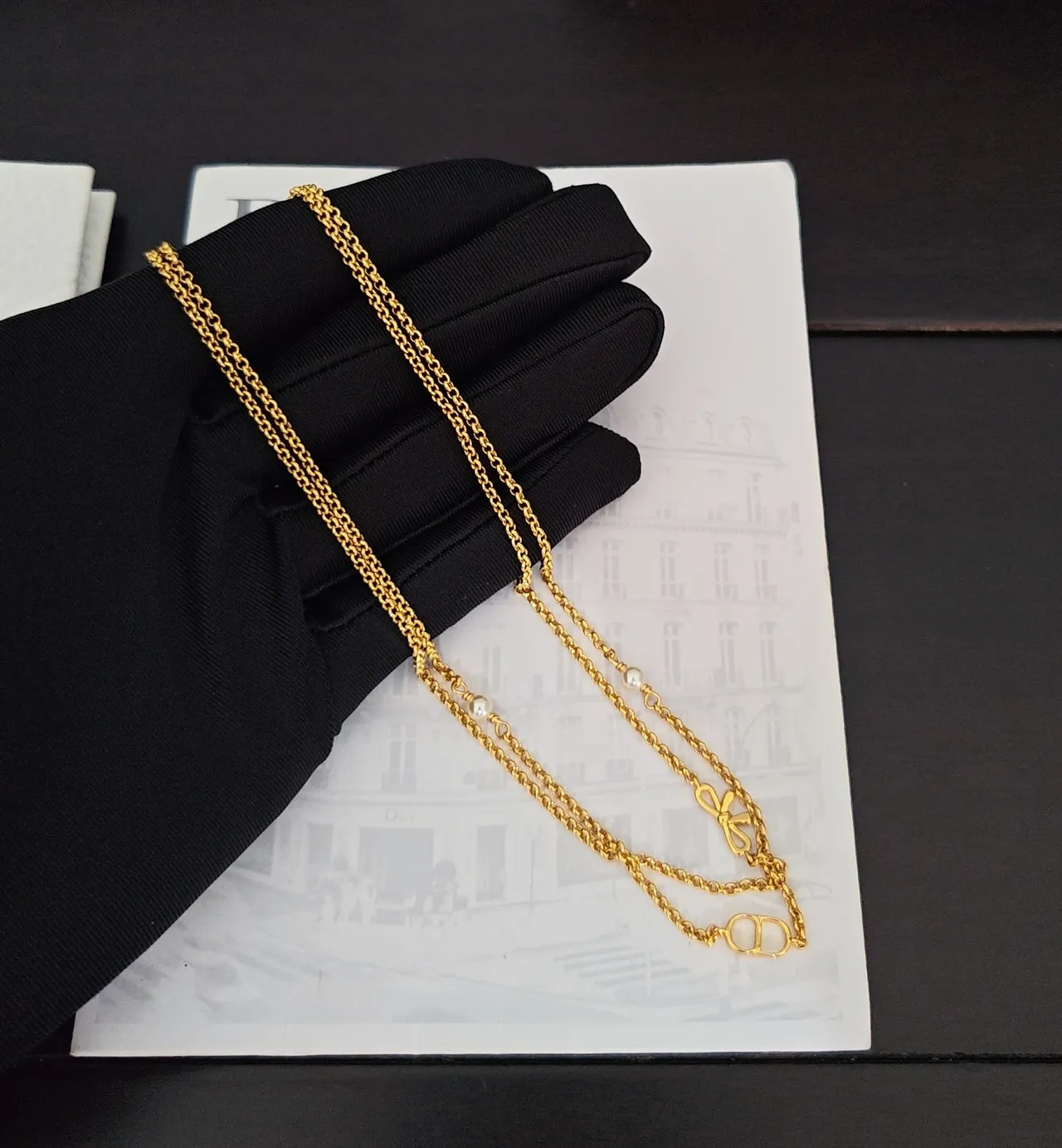 Dior Bow and CD Logo Gold Rope Chain Necklace 3