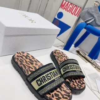 Dior Brown Black Leopard-Print Upper Woven Logo Strap Slippers