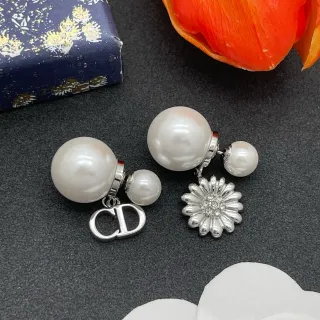 Dior Double Pearl CD Logo and Floral Dangle Earrings