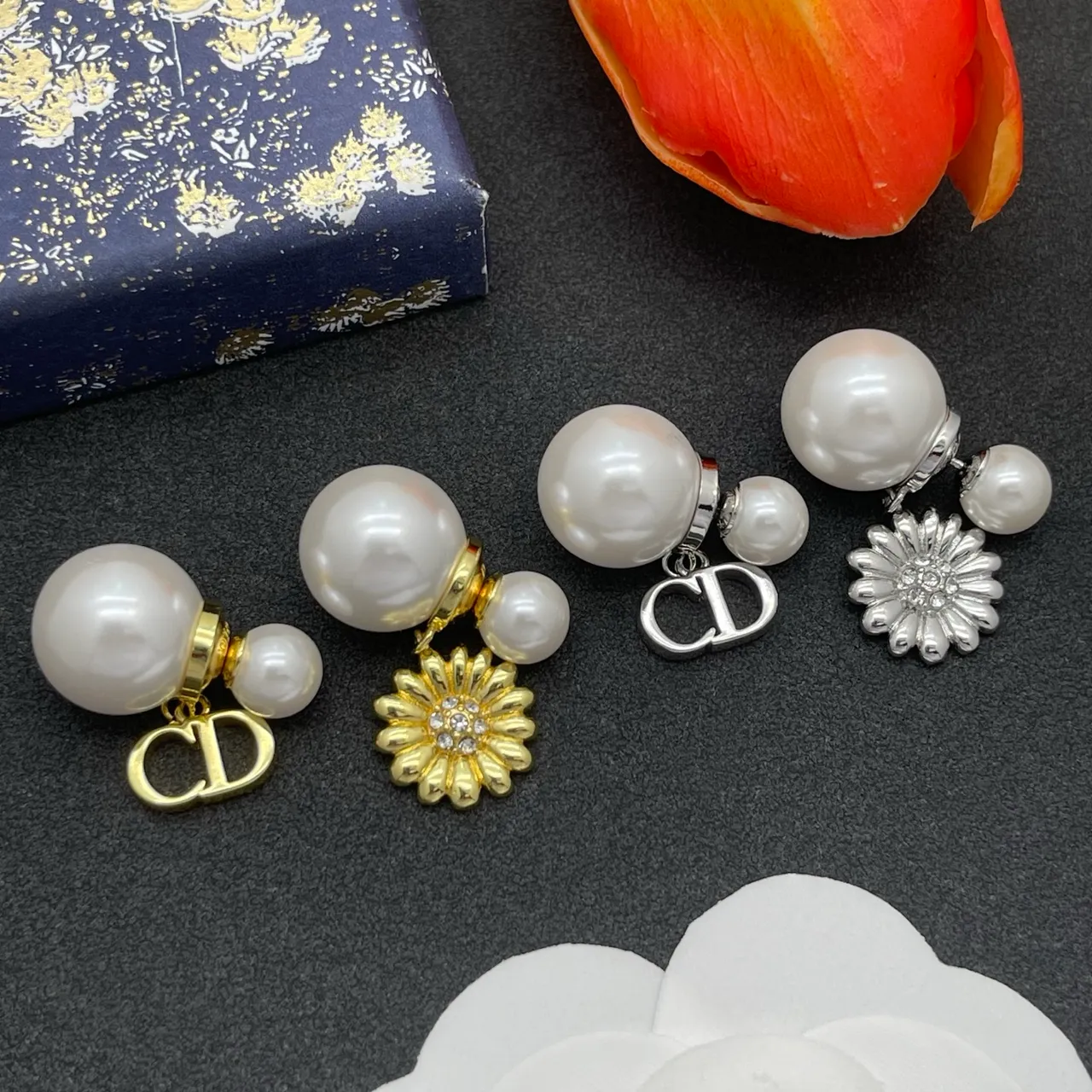 Dior Double Pearl CD Logo and Floral Dangle Earrings 2