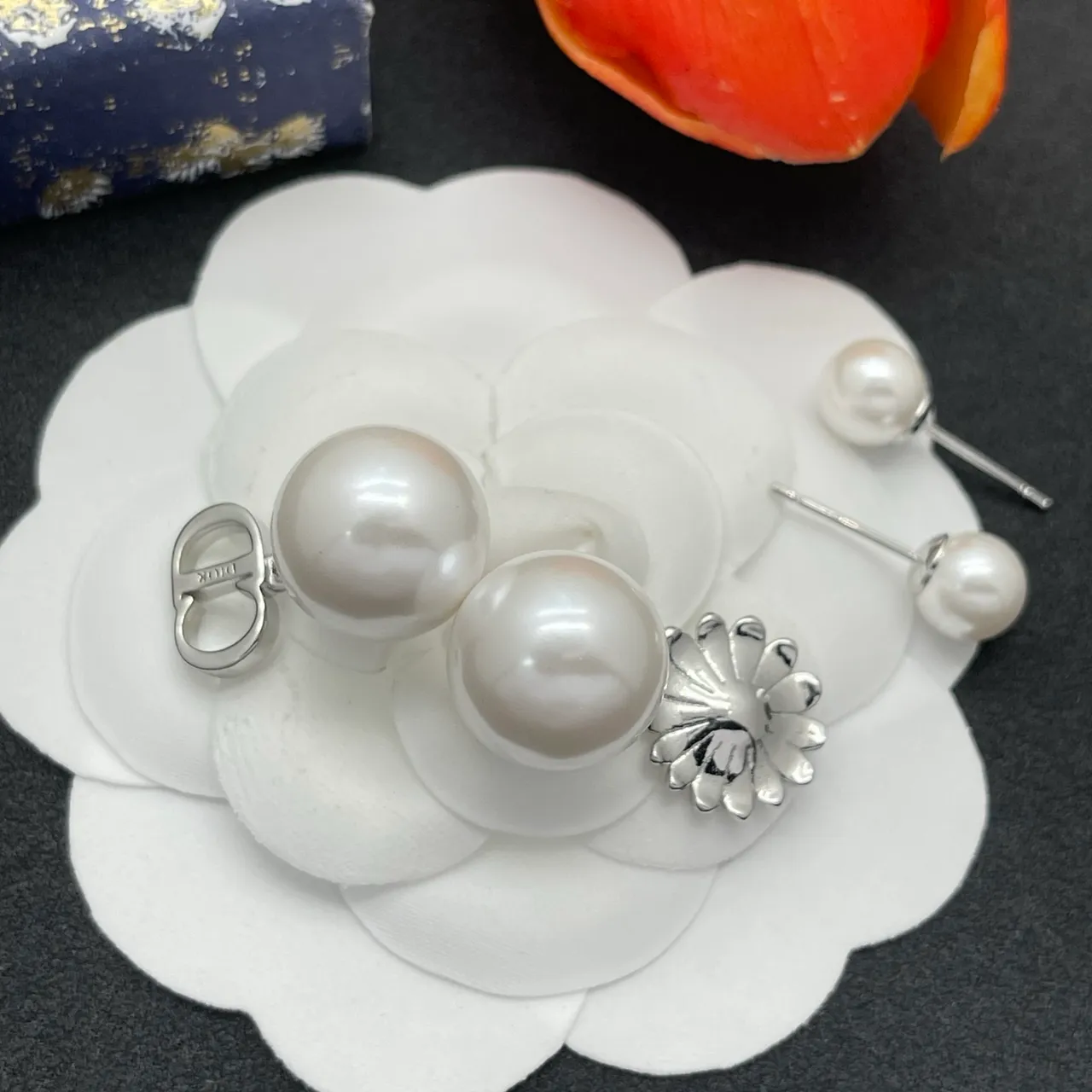 Dior Double Pearl CD Logo and Floral Dangle Earrings 3