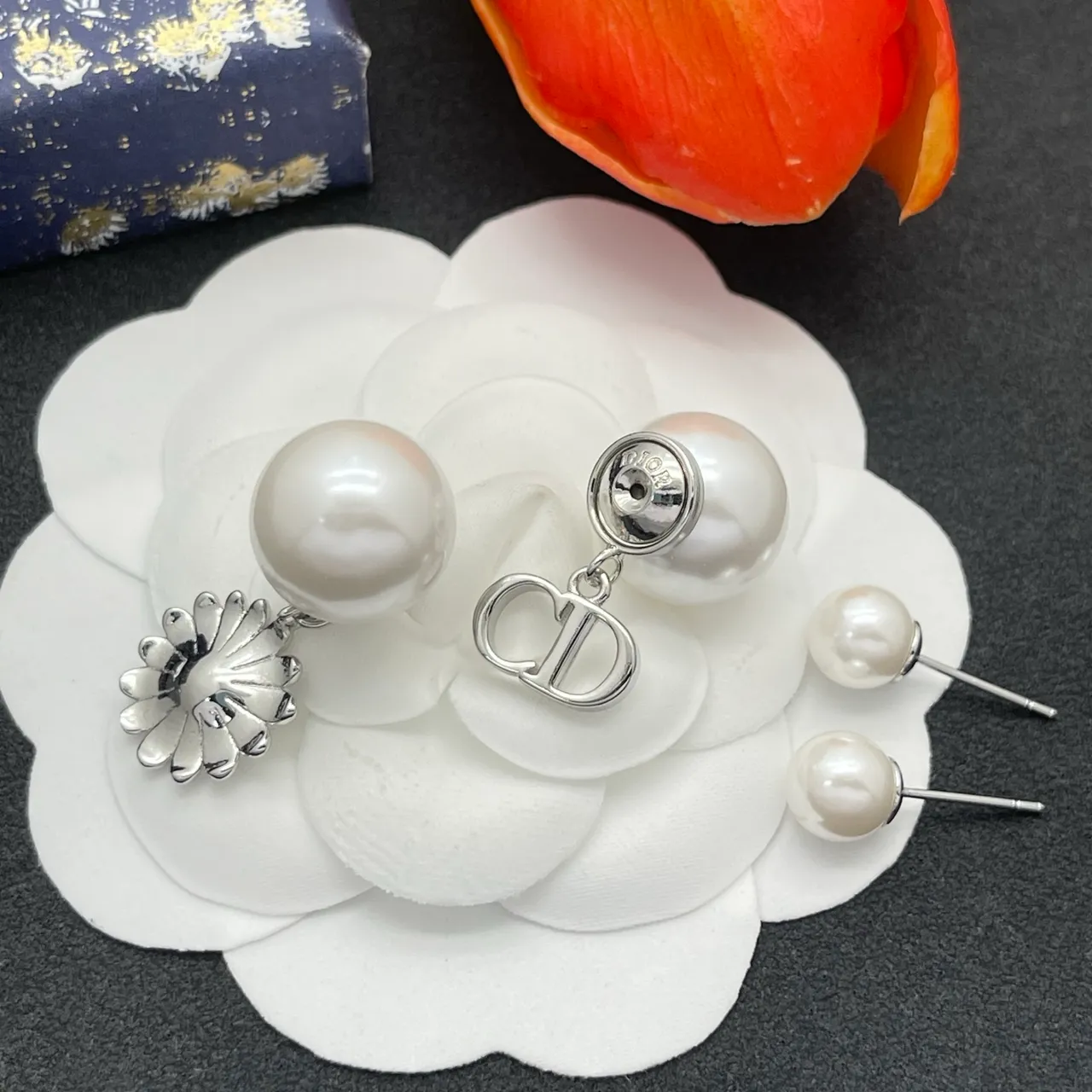 Dior Double Pearl CD Logo and Floral Dangle Earrings 4