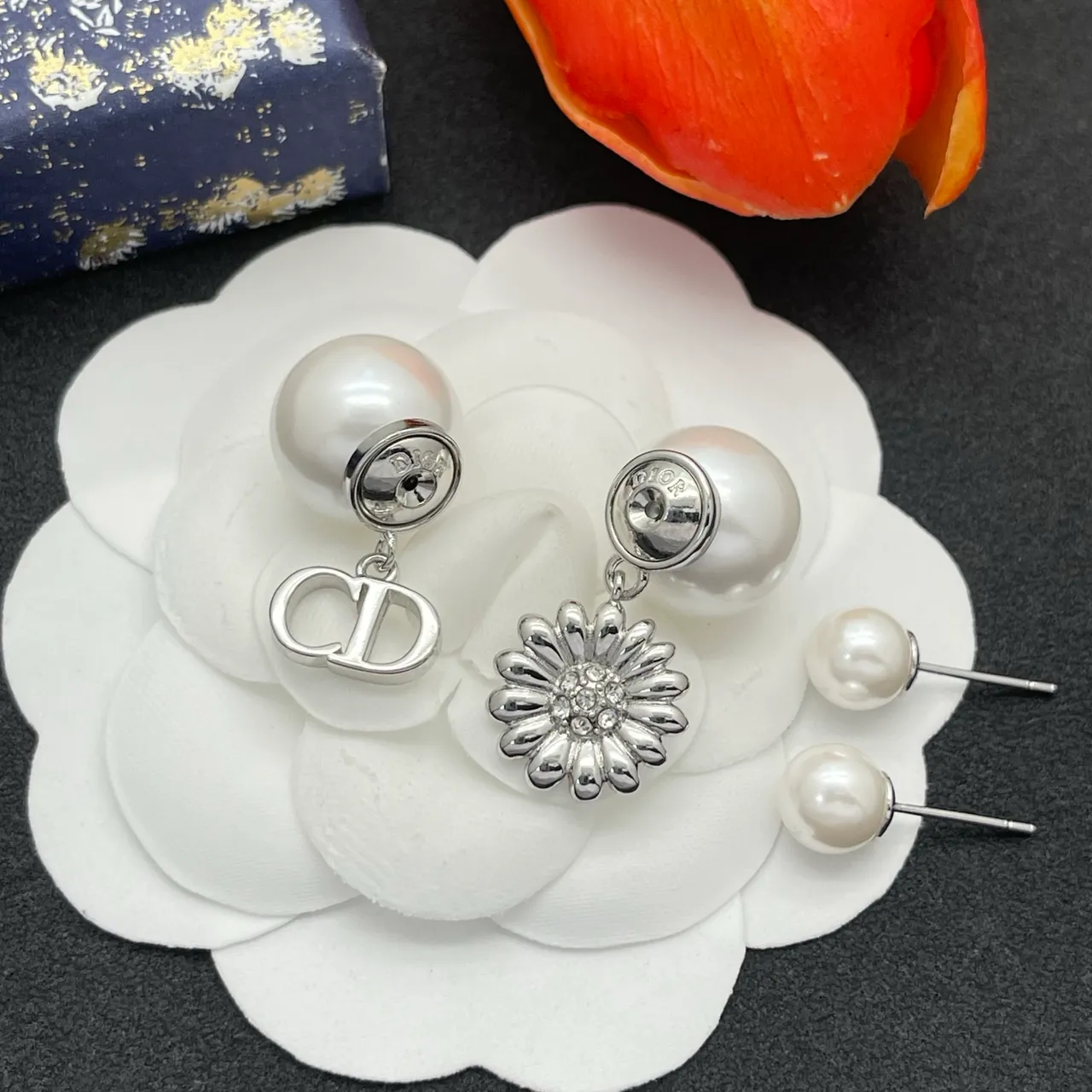 Dior Double Pearl CD Logo and Floral Dangle Earrings 5