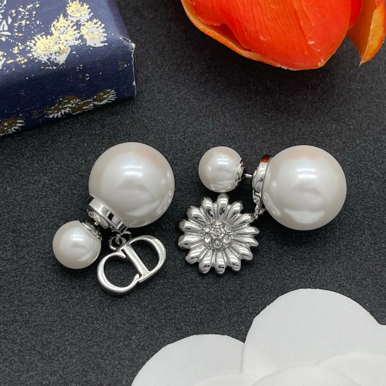Dior Double Pearl CD Logo and Floral Dangle Earrings 6