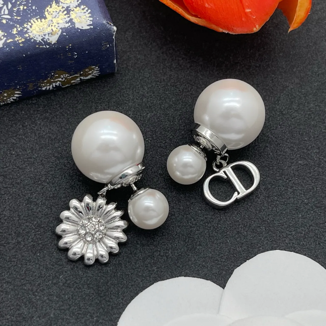 Dior Double Pearl CD Logo and Floral Dangle Earrings 7