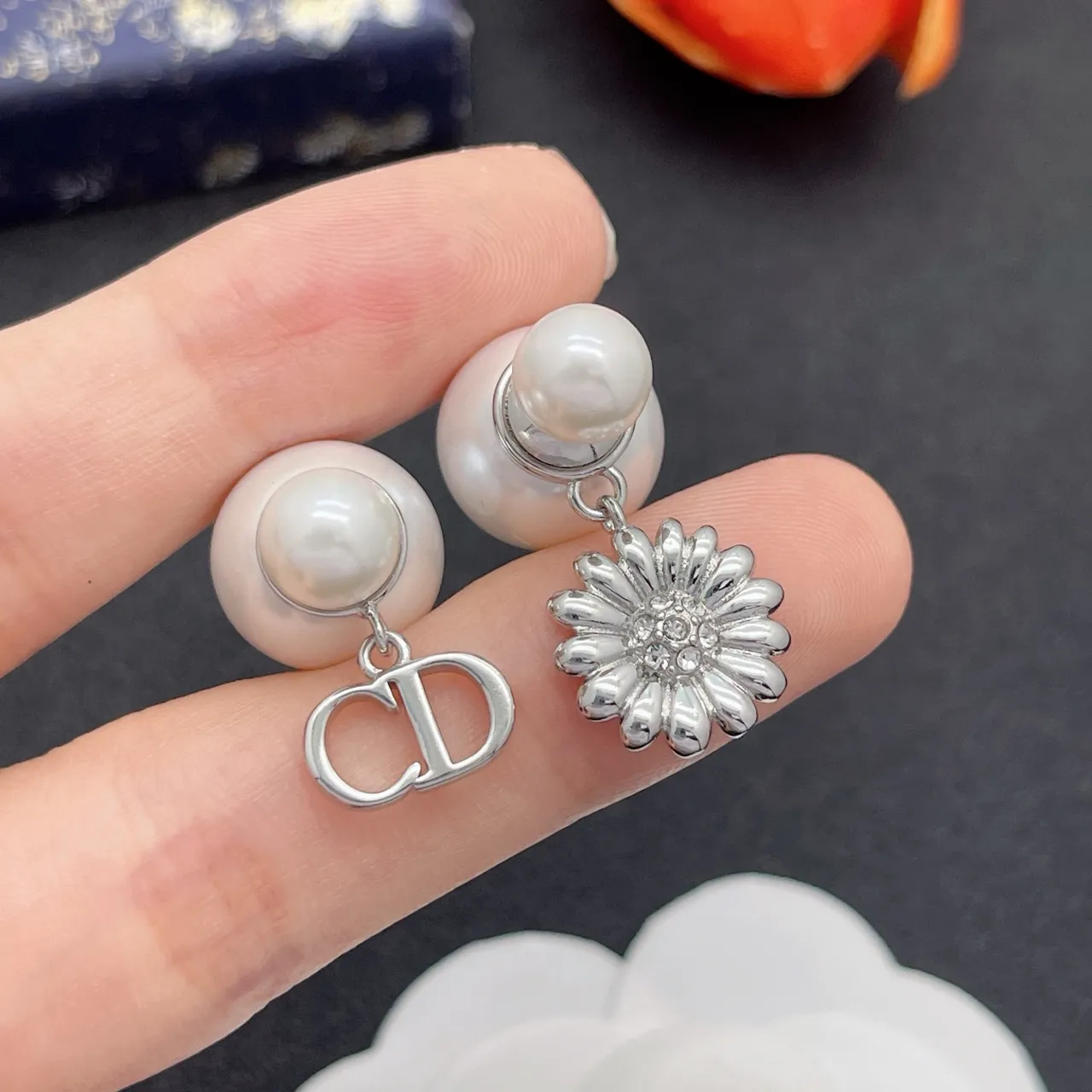 Dior Double Pearl CD Logo and Floral Dangle Earrings 8