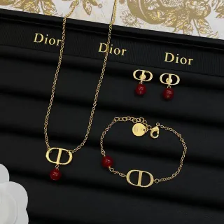 Dior Gold Red Chain Bead Dangle Necklace