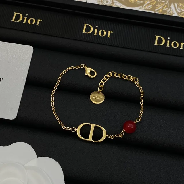 Dior Gold Red Chain Bead Dangle Necklace 4
