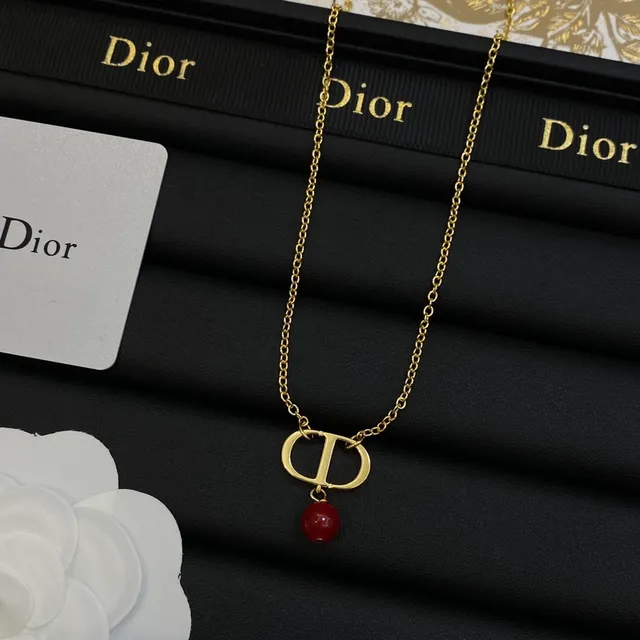 Dior Gold Red Chain Bead Dangle Necklace 5