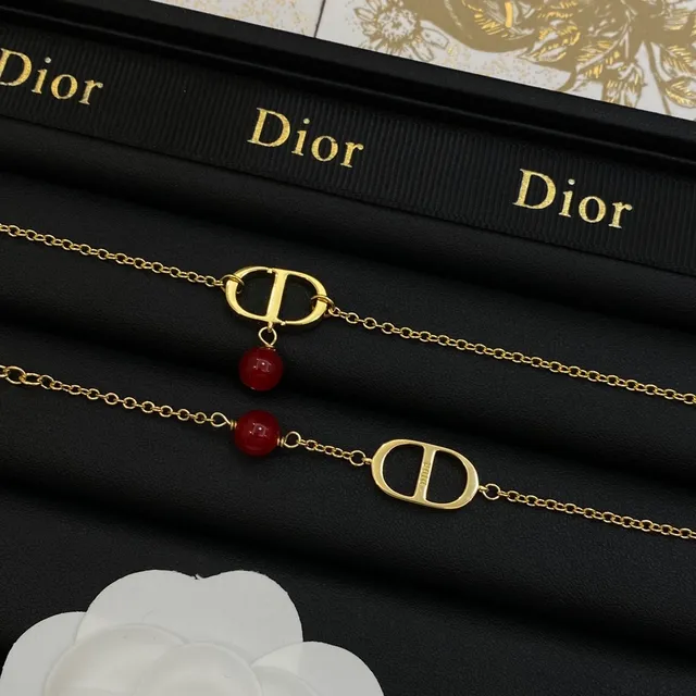 Dior Gold Red Chain Bead Dangle Necklace 6