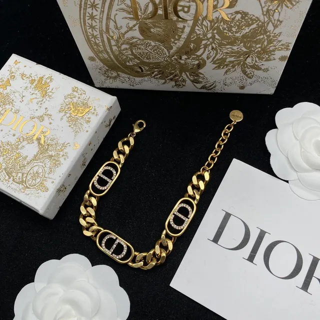 Dior Gold Silver Curb Chain Pavé-Crystal CD Logo Charms Bracelet 3