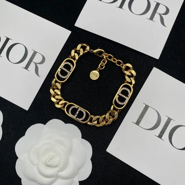 Dior Gold Silver Curb Chain Pavé-Crystal CD Logo Charms Bracelet 4