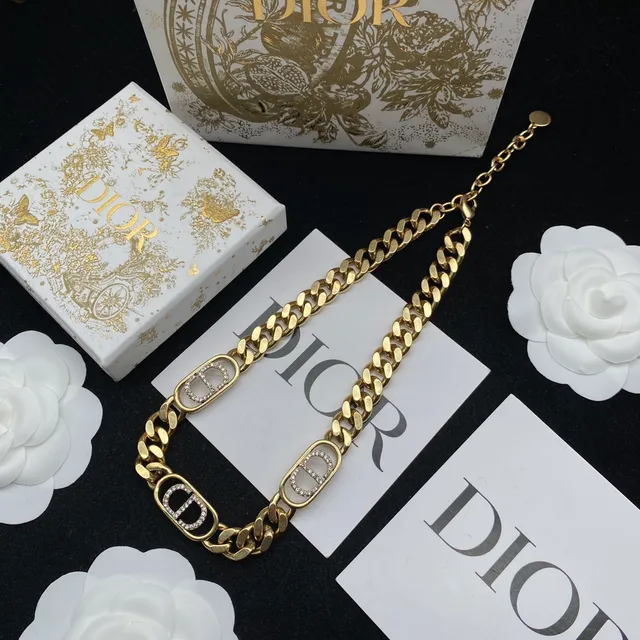 Dior Gold Silver Curb Chain Pavé-Crystal CD Logo Charms Bracelet 6