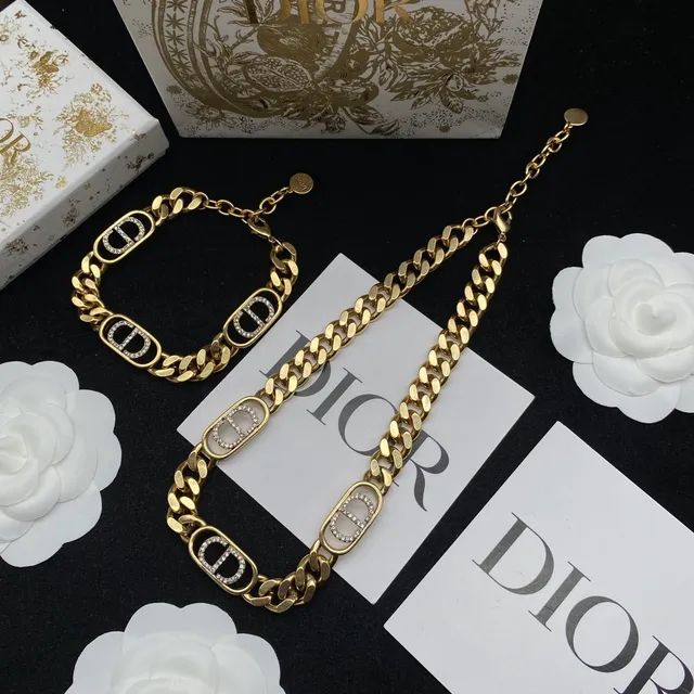 Dior Gold Silver Curb Chain Pavé-Crystal CD Logo Charms Bracelet 7