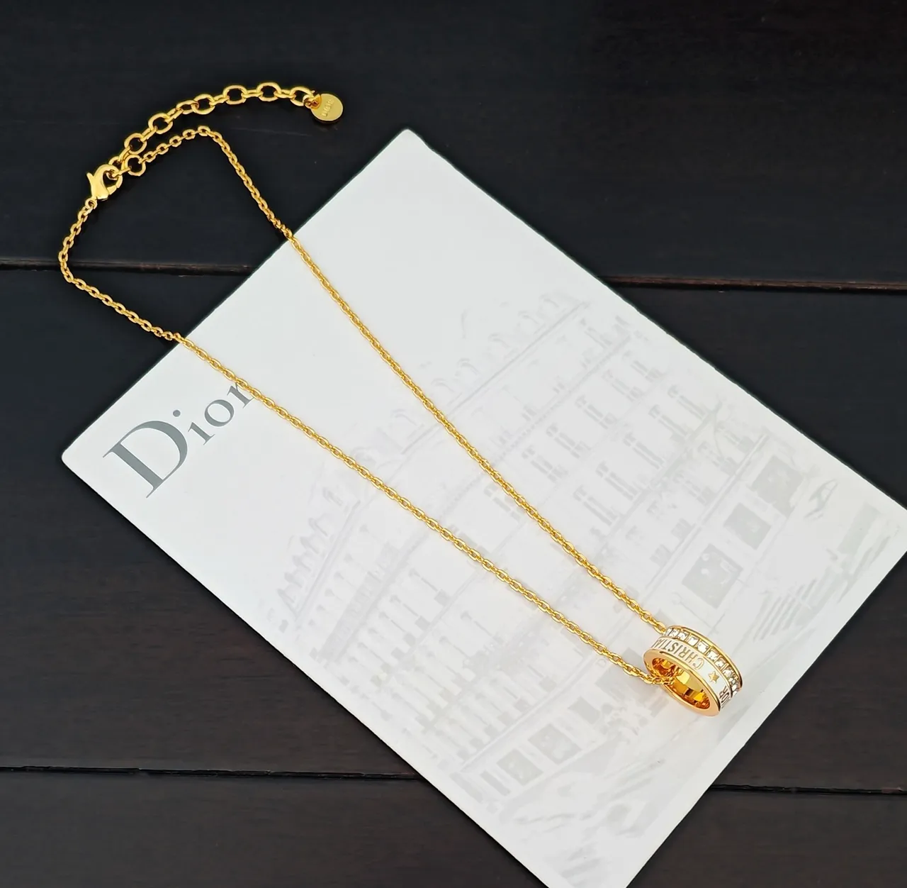Dior Gold White Chain Stacked Double-Ring Pendant Necklace 3