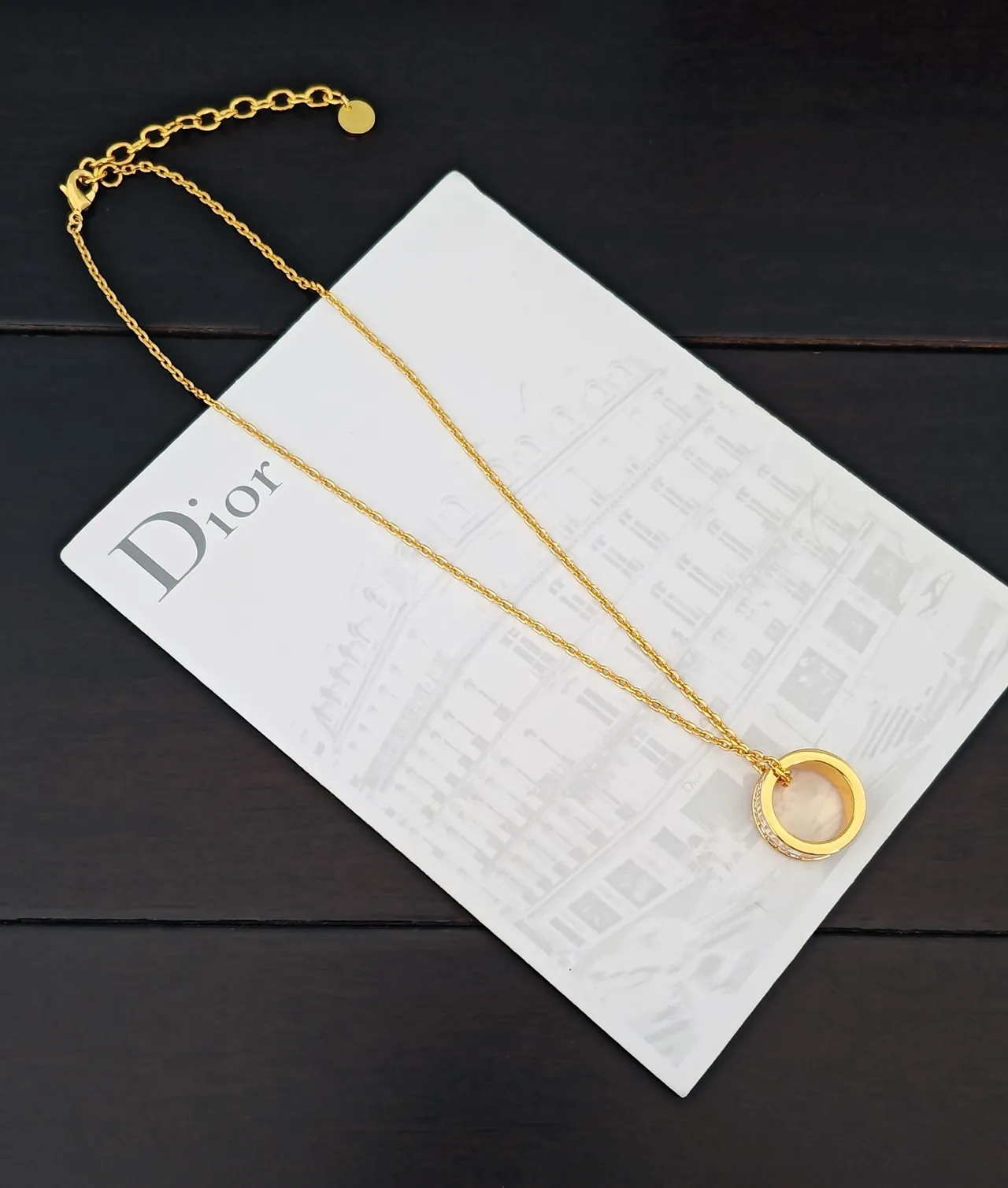 Dior Gold White Chain Stacked Double-Ring Pendant Necklace 4