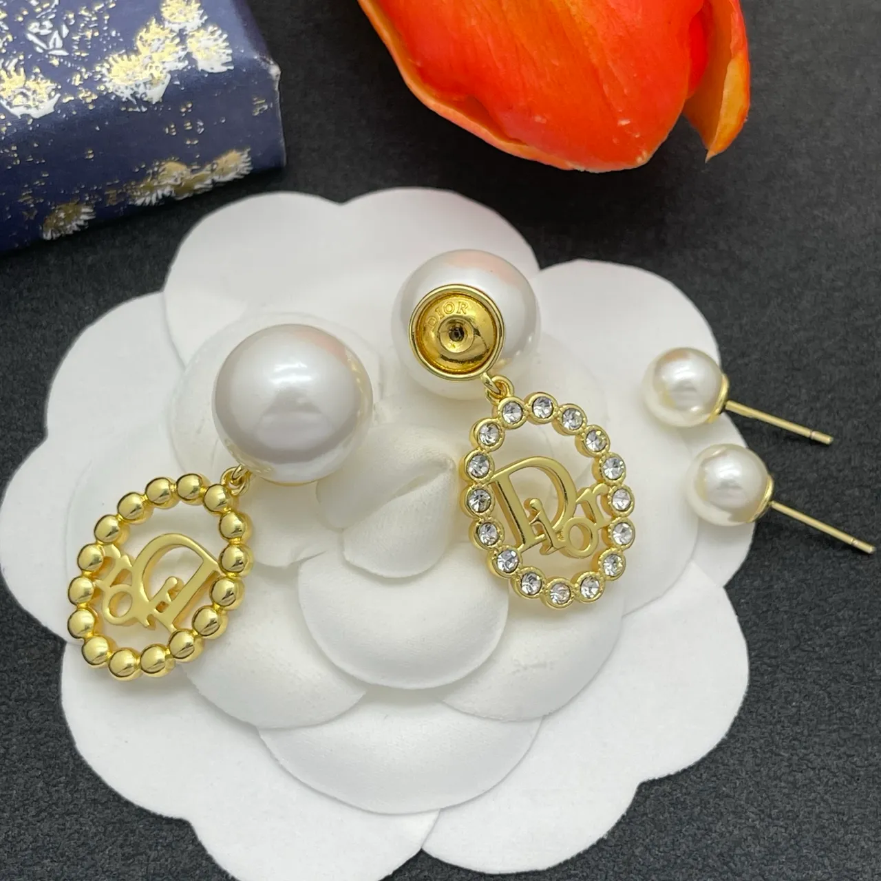Dior Gold White Pearl Stud Earrings 4
