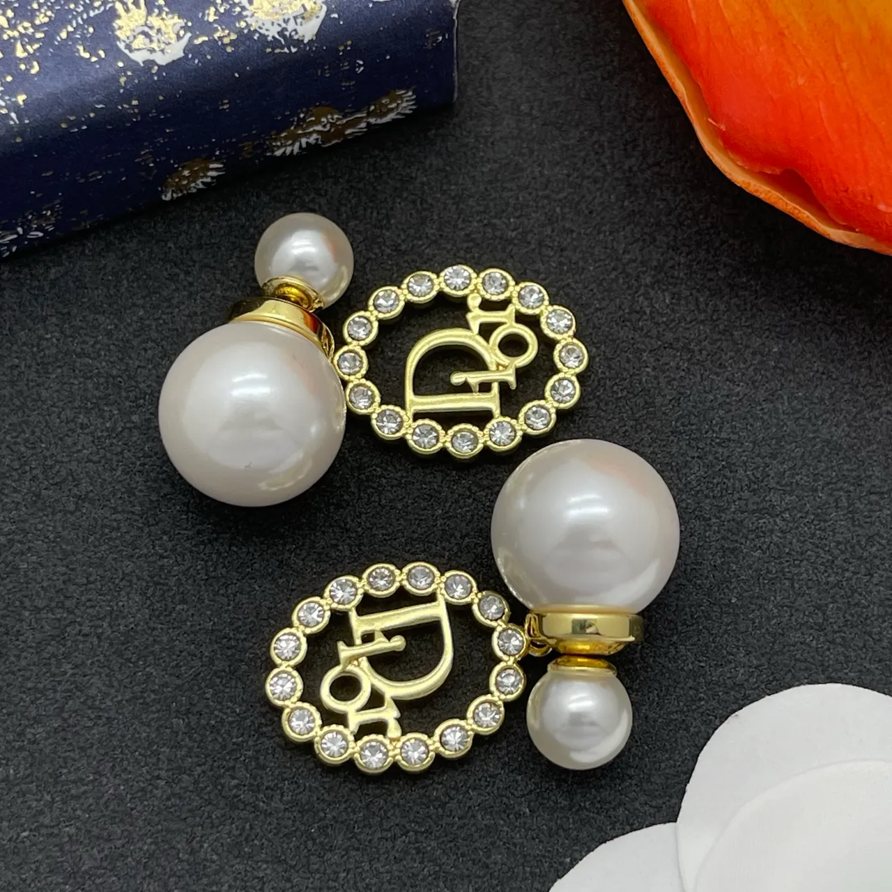 Dior Gold White Pearl Stud Earrings 6