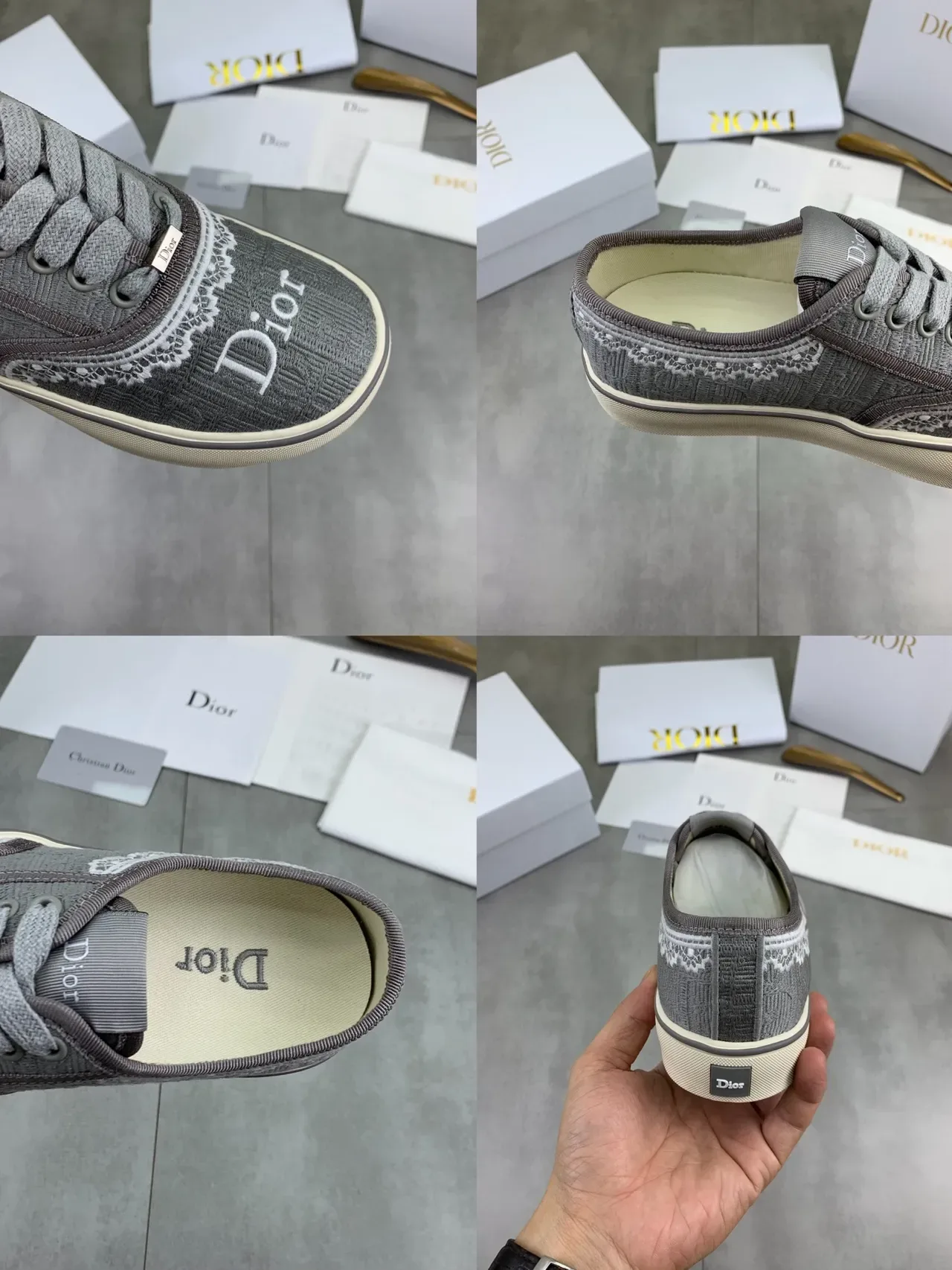 Dior Gray Beige Textured Canvas Upper White Embroidered Lace Trim Sneakers 2