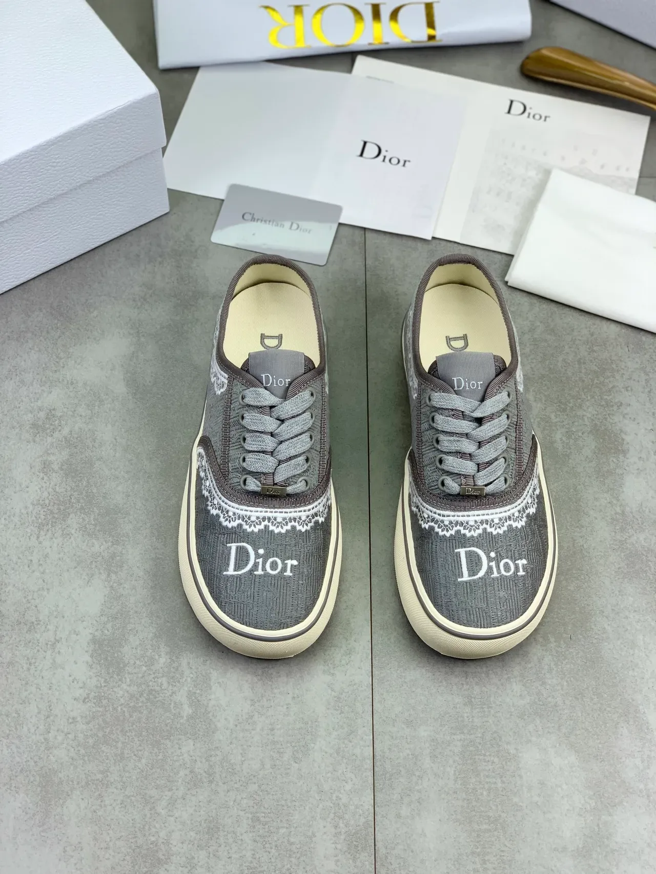 Dior Gray Beige Textured Canvas Upper White Embroidered Lace Trim Sneakers 4