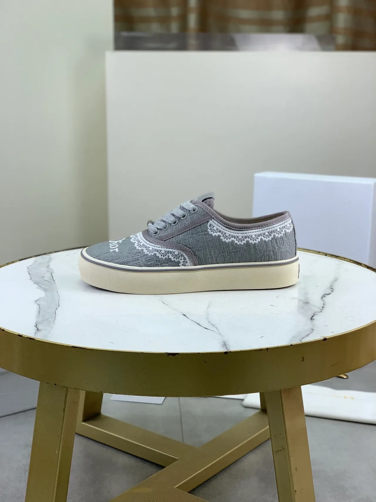 Dior Gray Beige Textured Canvas Upper White Embroidered Lace Trim Sneakers 5