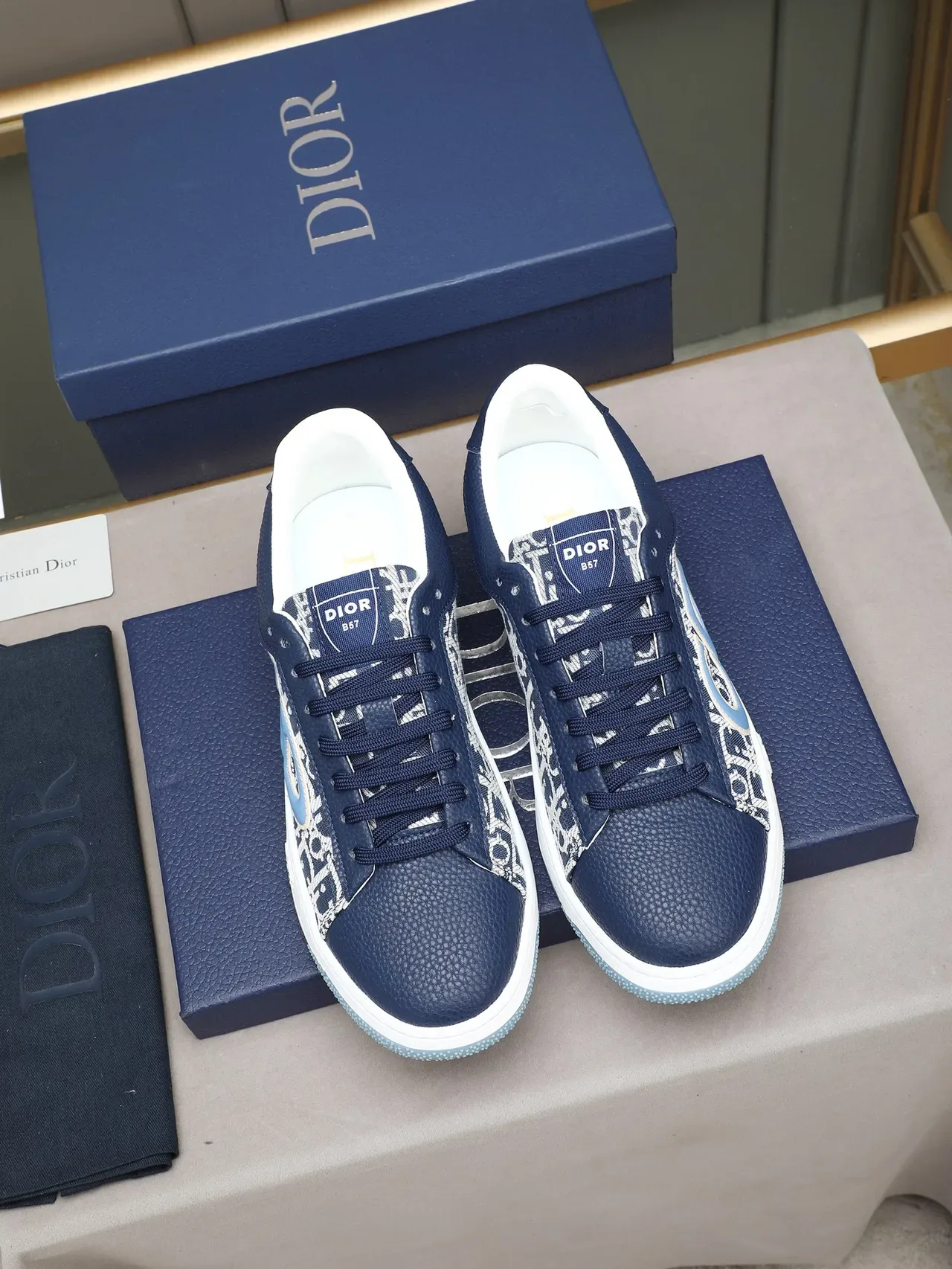 Dior Navy Blue Monogrammed Canvas Upper Oversized Stitched CD Logo Lifestyle Sneakers 2
