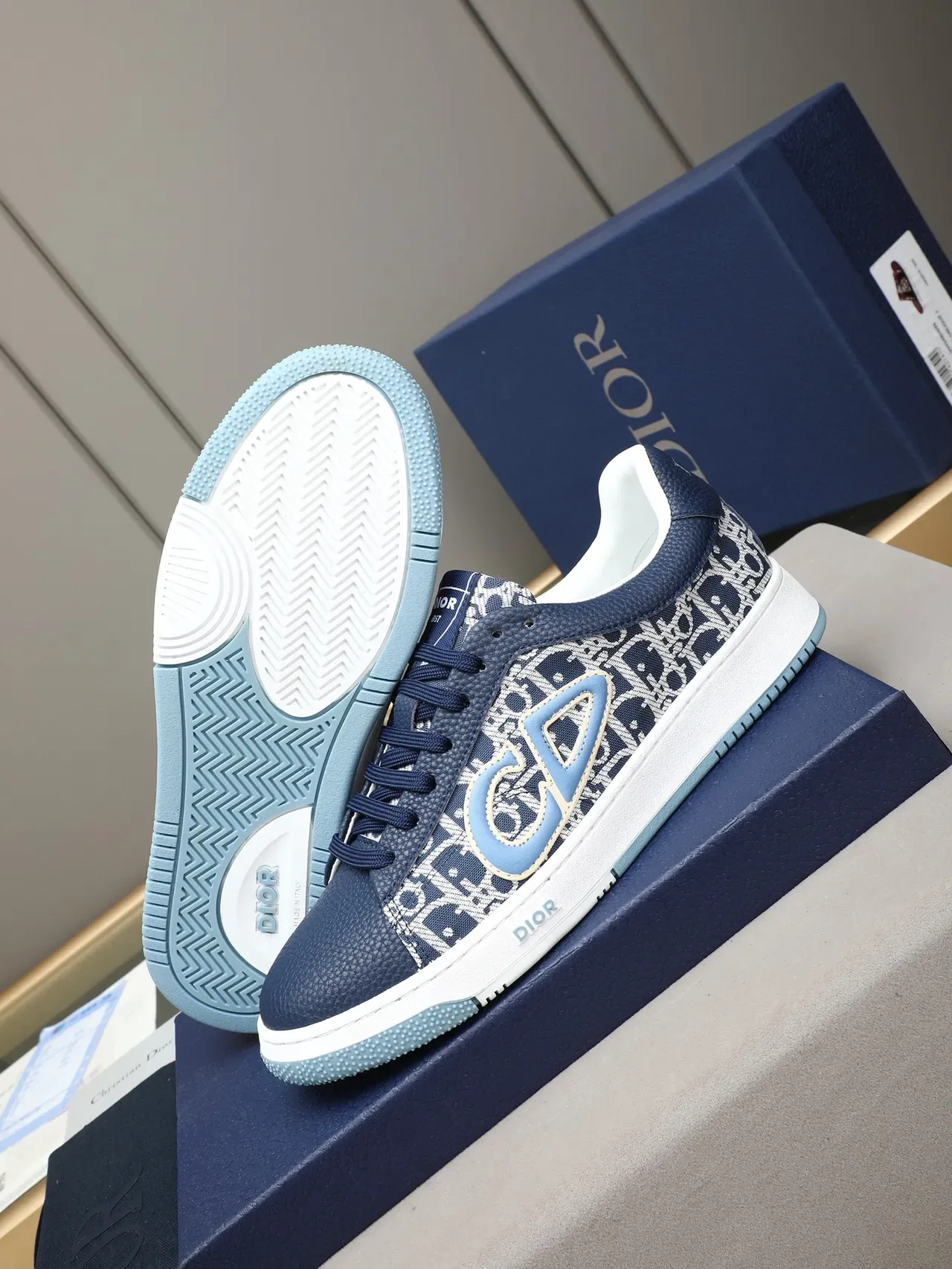 Dior Navy Blue Monogrammed Canvas Upper Oversized Stitched CD Logo Lifestyle Sneakers 4