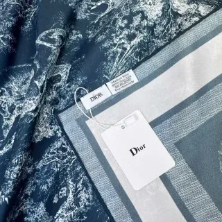 Dior Navy White Abstract Botanical Print Blue Base Silk Scarf