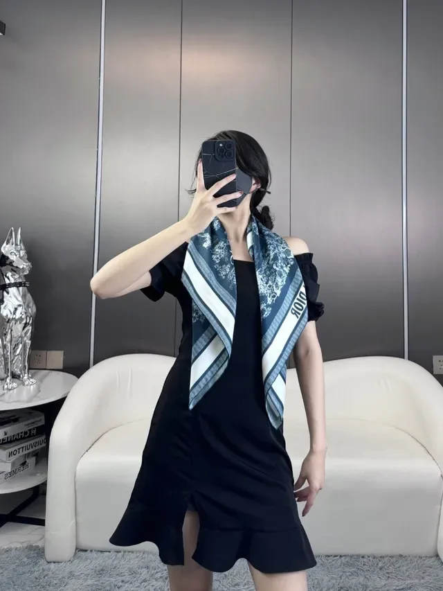 Dior Navy White Abstract Botanical Print Blue Base Silk Scarf 2