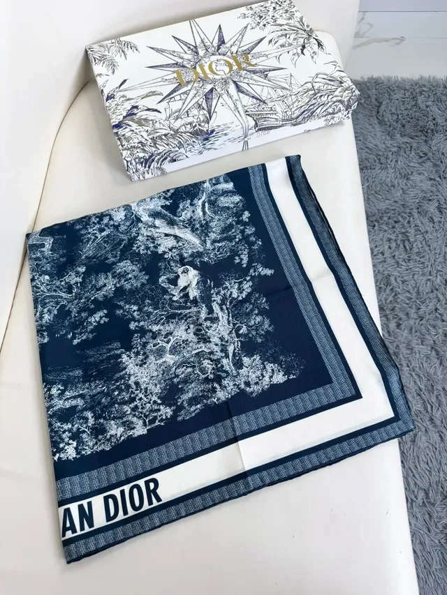 Dior Navy White Abstract Botanical Print Blue Base Silk Scarf 5