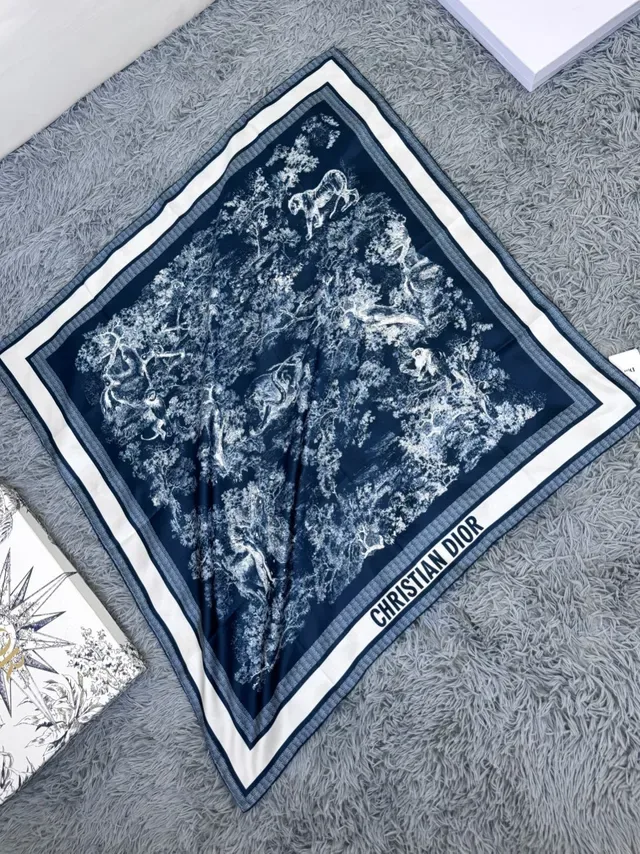 Dior Navy White Abstract Botanical Print Blue Base Silk Scarf 6