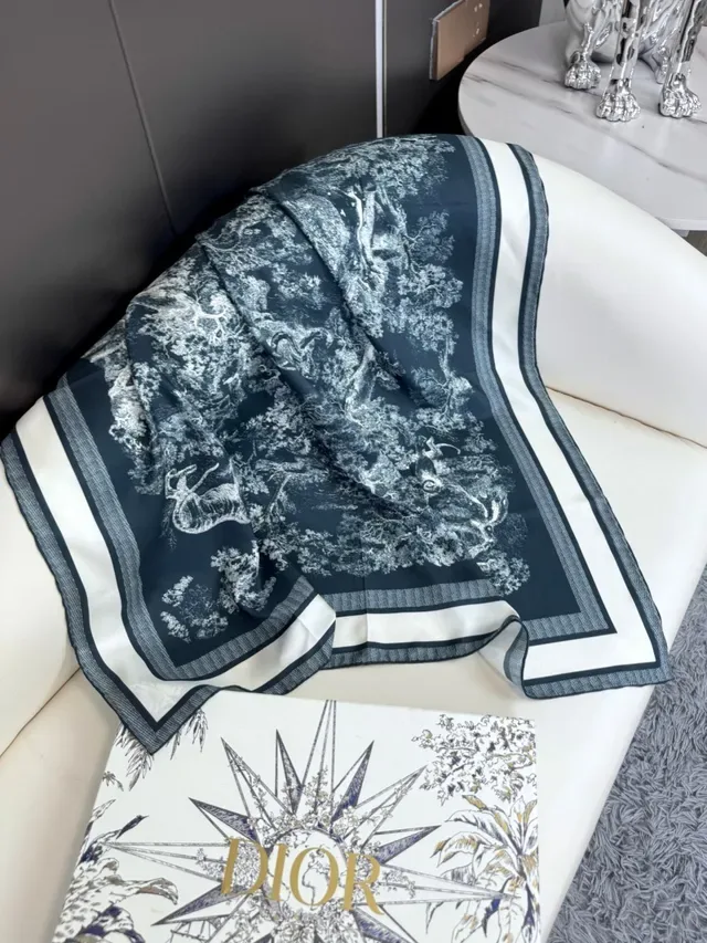 Dior Navy White Abstract Botanical Print Blue Base Silk Scarf 7