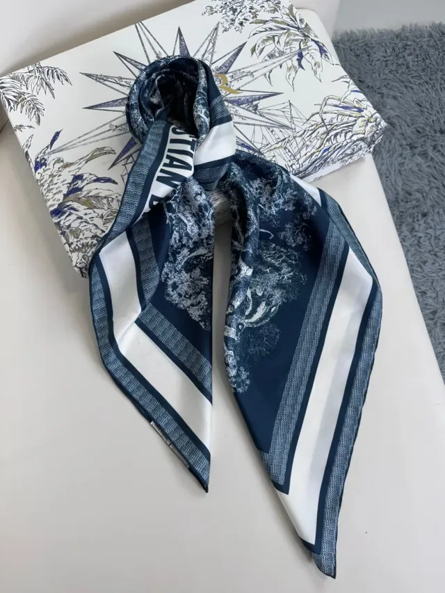 Dior Navy White Abstract Botanical Print Blue Base Silk Scarf 8