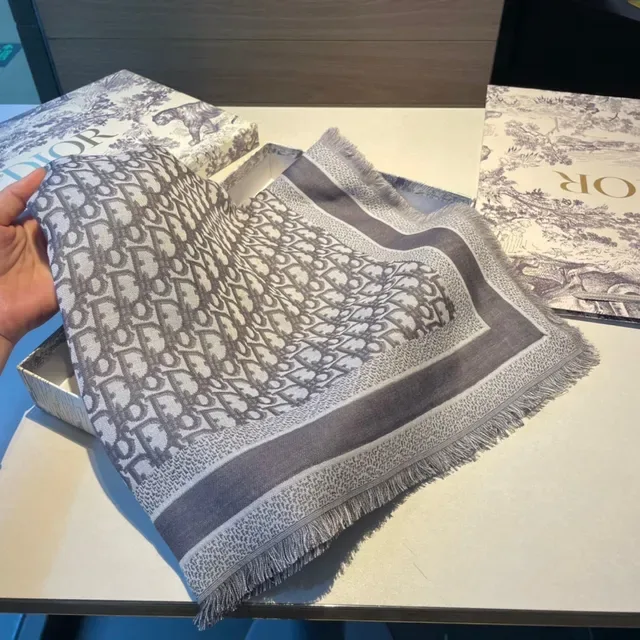 Dior Oblique Monogram Beige and Gray Silk Scarf 4