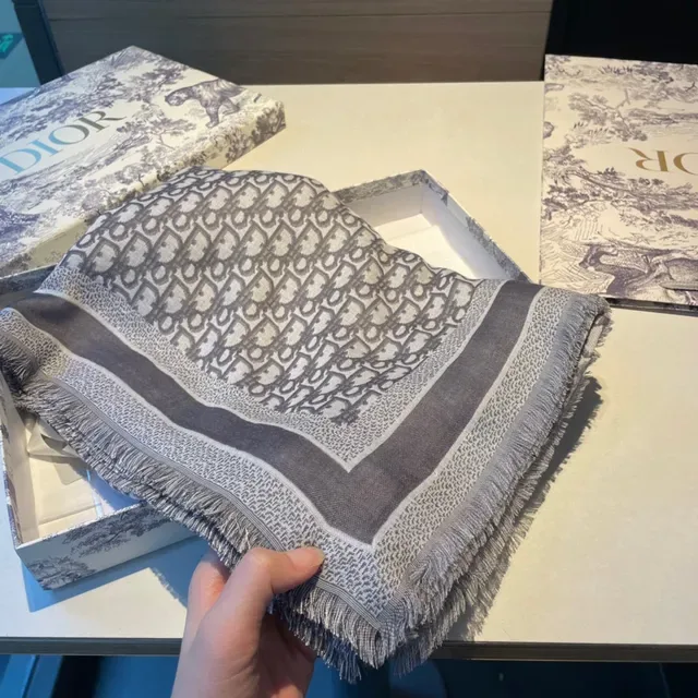 Dior Oblique Monogram Beige and Gray Silk Scarf 5