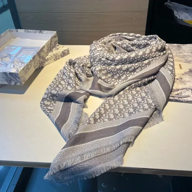 Dior Oblique Monogram Beige and Gray Silk Scarf 9