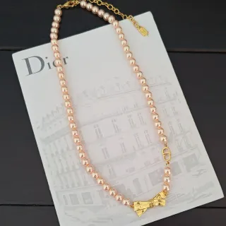 Dior Pink Gold Pearl Strand Bow Pendant Necklace