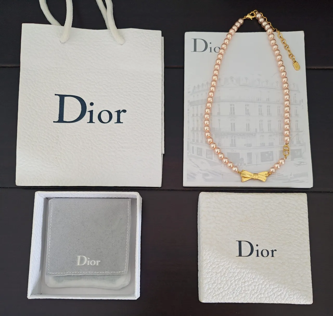 Dior Pink Gold Pearl Strand Bow Pendant Necklace 2